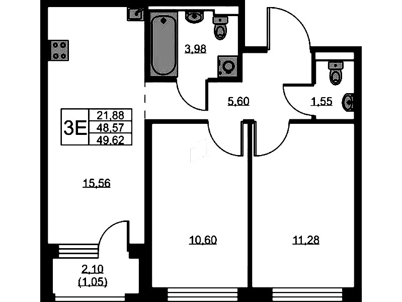 2-комнатная квартира 49.62 м², 1/9 эт., ЖК «GloraX Новоселье»
